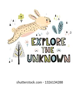 Explore the Unknown  hand drawn lettering. Cute card or print with rabbit in scandinavian style. Vector illustration