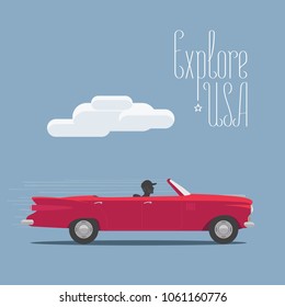 Explore USA in the car vector illustration, poster. Design element with big classic american car for travel to America concept image 