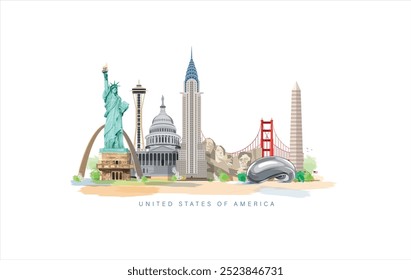 Explore USA. set of USA landmark icons royalty free vectors illustration art for Logo, T shirt, banner, card design