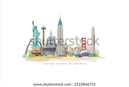 Explore USA. set of USA landmark icons royalty free vectors illustration art for Logo, T shirt, banner, card design.World Tourism Day