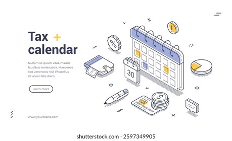 Explore a user-friendly tax calendar designed for effective financial management. Web banner showcases essential tax dates, tools, and resources for effortless tracking. Vector illustration