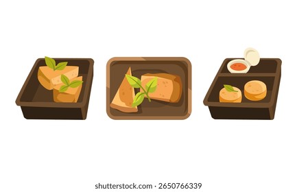 Explore uma variedade de deliciosas opções de refeições à base de plantas maravilhosamente organizadas em vibrantes caixas de bento