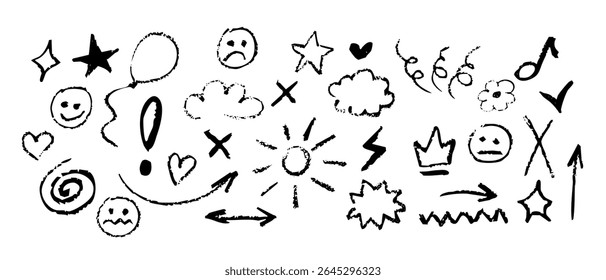 Explore a variety of hand-drawn symbols like arrows, stars, and lines for creative design uses.