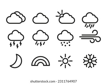 Explorar una variedad de ilustraciones de vectores relacionadas con el clima que captan diferentes condiciones y elementos atmosféricos, incluyendo días soleados, cielos nublados, lluvia.