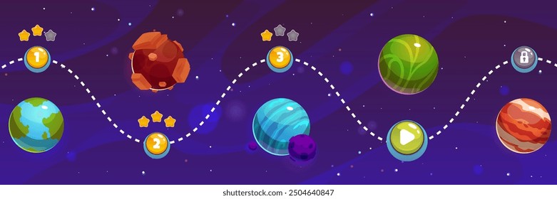 Explore Vector Planetas fantásticos en este mapa del juego con tutoriales de nivel y logros de estrellas. Planetas brillantes con rocas, agua para el universo espacial del juego