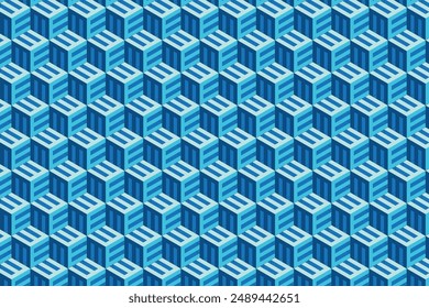 Explore a Vector Illustration of Isometric Cubes in a Seamless Pattern. This Abstract, Colorful Background Features a 3D Cube Pattern Texture in Blue and Yellow, Creating a Geometric Graphic Pattern