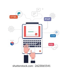 Ilustración colorida del desarrollo moderno de pila completa con iconos de codificación, que representan las tecnologías front-end y back-end en un estilo digital limpio.