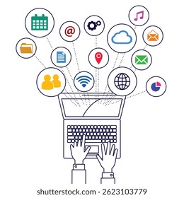 Vector estilizado de comunicación digital en la nube, intercambio de datos y conectividad a Internet, que simboliza la tecnología moderna en la nube y el flujo de información.