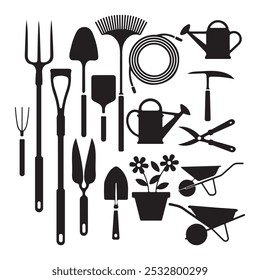 "Explore a versatile collection of gardening tools in vector silhouette, perfect for garden-themed designs, logos, and illustrations with clean, simple details.