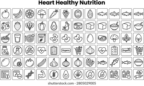 Explore a versatile collection of outline icons image, focused on heart-healthy nutrition and balanced eating habits. This extensive library features a wide variety of food groups, nutritional symbols, and health tracking elements, making it an excellent resource for dietitians, wellness applications, meal planning platforms, and educational health content. The clear, minimalist style of these icons ensures they can be easily integrated into any professional digital or print design project focused on promoting longevity and wellness.