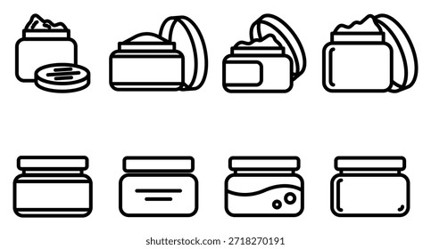 Explore un conjunto versátil de iconos de contorno de tarro de crema cosmética minimalista. Estas ilustraciones de arte de líneas limpias son perfectas para la marca de belleza, el Diseño web y el empaque de productos para el cuidado de la piel.