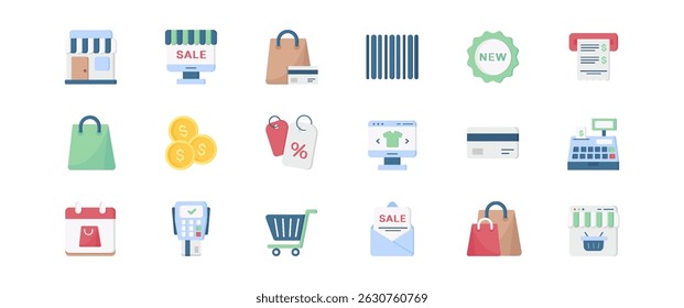 Explore a vibrant collection of shopping icons ideal for ecommerce sites and apps. Featuring bags, carts, sales, and payment icons, they enhance user experience and make shopping enjoyable