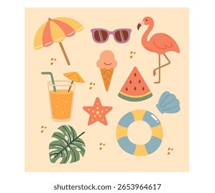 Explore uma coleção vibrante de elementos de verão e praia em ilustração deslumbrante. Perfeito para seus projetos criativos e inspiração!
