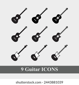 "Explora vibrante conjunto de iconos de guitarra, ideal para sitios web de aplicaciones. Ilustraciones vectoriales en estilo de color de relleno. ¡Perfecto para diseños con temas musicales!"