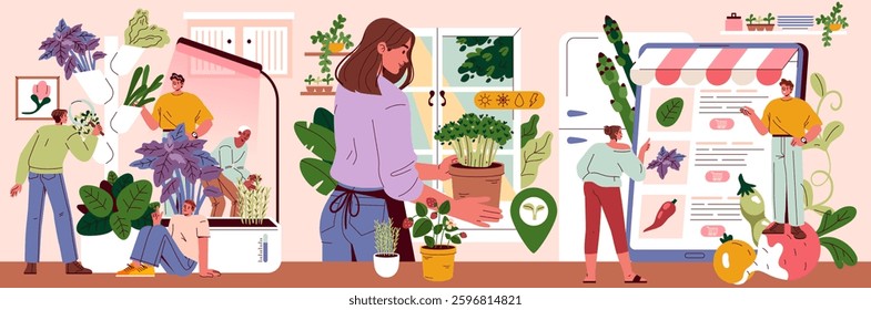 Explore the vibrant scenes of indoor gardening and plant care in this beautiful illustrated artwork