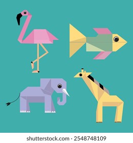 Explore a vibrant set of geometric origami animal illustrations featuring a flamingo, fish, elephant, and giraffe. Perfect for modern and creative projects