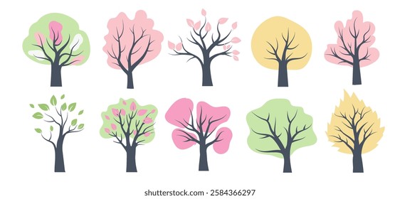 Explore the vibrant transformation of trees during spring with colorful blooms in flat design style illustrations
