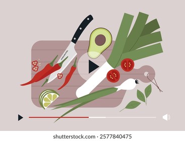 Explore vibrant vegetables and spices laid out on a cutting board as the tutorial guides you through the steps of preparing delicious dishes using proper knife skills and techniques