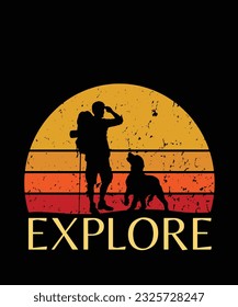 Explore vintage sunset hiking with dog camping adventures with dog  t-shirt design. Walking with dog black and white. mountain vector illustration vector art dog foot print