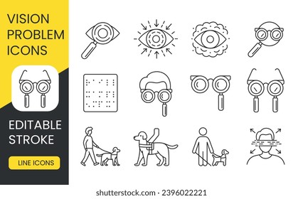 Explore Vision Insight icons, editable strokes for accessibility. Ideal for projects on eye health and disability awareness, featuring guide dog and braille icons.