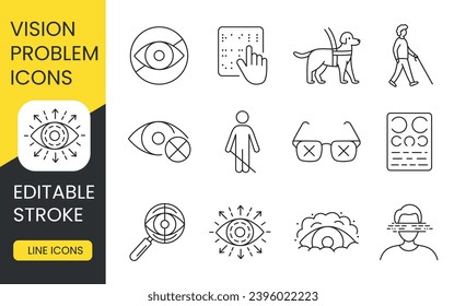 Explore Vision Insight icons, editable strokes for accessibility. Ideal for projects on eye health and disability awareness, featuring guide dog and braille icons.