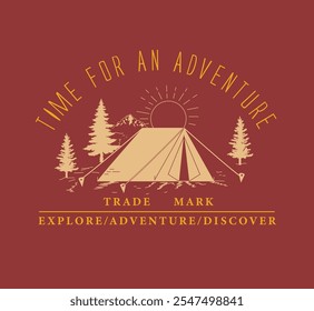 Explore wild life. Vintage design with mountains, forest sun. For poster, banner, emblem, sign, logo.