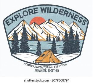 Explore wilderness t shirt vector design. Campfire vintage artwork for apparel, sticker, batch, background, poster and others.