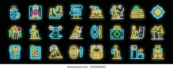 Entdecken Sie die Wildnis mit diesem lebendigen Neon-Icon-Set, das wichtige Ausrüstung und Aktivitäten für Wander- und Trekkingbegeisterte bietet