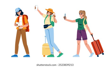 explore woman tourist phone  vector.  selfie photography, wanderlust vacation, sightseeing culture explore woman tourist phone character. people flat cartoon illustration