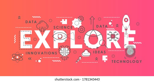 Explore Word Abstract Thin Line Vector Illustration. Flat Lineart Horizontal Infographic Banner Design With Innovation Science Symbols, Scientific Exploring Lab Equipment, Idea Development Concept