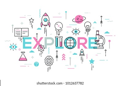 Explore word surrounded by scientific laboratory equipment, spaceship, lightbulb and arrows flying up. Modern infographic banner with elements in thin line style. Vector illustration for advertising.