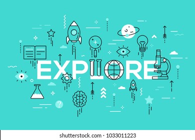 Explore word surrounded by scientific laboratory equipment, spaceship, lightbulb and arrows flying up. Modern infographic banner with elements in thin line style. Vector illustration for advertising.