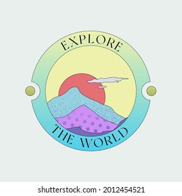 Explore The World badge or sticker template. Abstract comic landscape with type on a circle. Flat and line vector design. Travel concept.