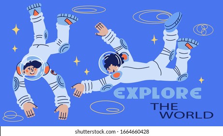 Explore the world banner with astronauts or spacemen characters. Cosmos and universe research, planetarium lecture or lesson invitation. Space journey and exploring. Flat cartoon vector illustration.