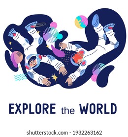 Explore The World Banner Or Poster Template For Cosmonautics Day Or Astronomy Lessons With Astronauts Man And Woman In Space. Universe Research And Space Exploration, Cartoon Vector.