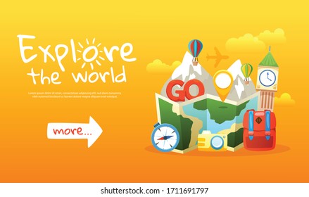 Explore the world colored horizontal banner with travel icons and more info button flat vector illustration