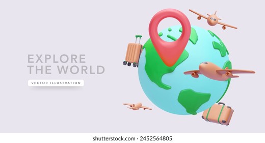Explore the world concept poster in 3d realistic style with planet, suitcase, airplane, map, pointer. Vector illustration