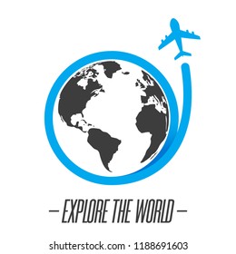 Explore the world icon with plane flying around the world