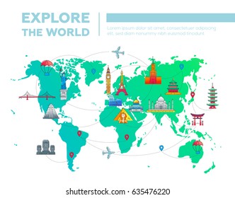 Explore the world - illustration of vector flat design postcard with famous world landmarks icons on the map