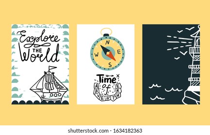 Explore the world, manual lettering on a marine postcard. Illustrations on the theme of travel.