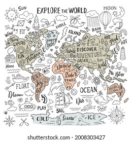 Explore the world. Map of the world, hand drawn outline illustrations