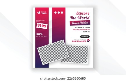 Entdecken Sie die Design-Vorlage für Webbanner mit quadratischem Flyer, die moderne kreative Social-Media-Plattform für Reisen