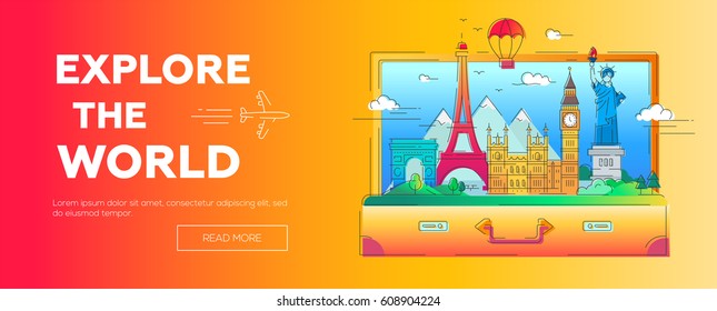 Explore the World - modern vector line travel illustration. Discover Russia, England, USA, France. World famous landmarks in a suitcase - statue of liberty, kremlin, tower