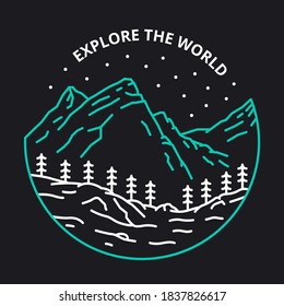Explora el mundo. Ilustración de las montañas y los bosques. Diseño de líneas de arte montañosas y forestales con contorno verde y blanco. Diseño de ilustración para prendas de vestir, tazas y carteles de pared