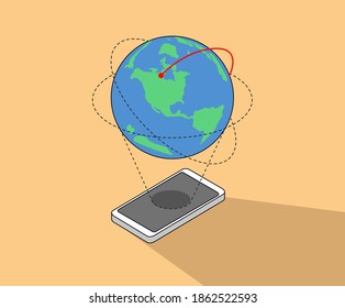 explora el mundo con el conjunto de ilustraciones de teléfonos móviles. viajes, compras, tierra, medios. Dibujo de vectores. Estilo dibujado a mano.
