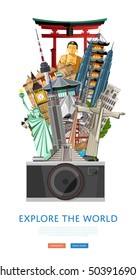 Explore the world poster with Torii Gate, Statue of Liberty, Big Ben and others famous architectural compositions vector illustration. Big camera on background of famous attractions. Time to travel