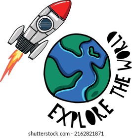 Explore the world. Print with earth and rocket for textile, fabric, t-shirt, stationery, art, poster, card and other design.