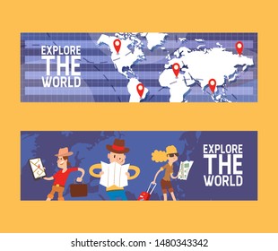 Explore world set of banners vector illustration. Globe with locations. Vacation and tourism exploration concept. Female, male travelers with map, rucksack, suitcase. Summer camp, hiking.