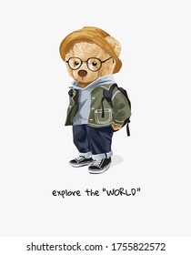 explore the world slogan with bear toy and backpack illustration