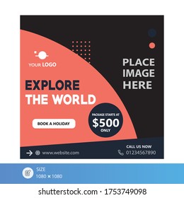 Explore the world square banner template design. Travel tour corporate business banner template. Orange and black social media post banner. Tour square advertising business banner layout design.